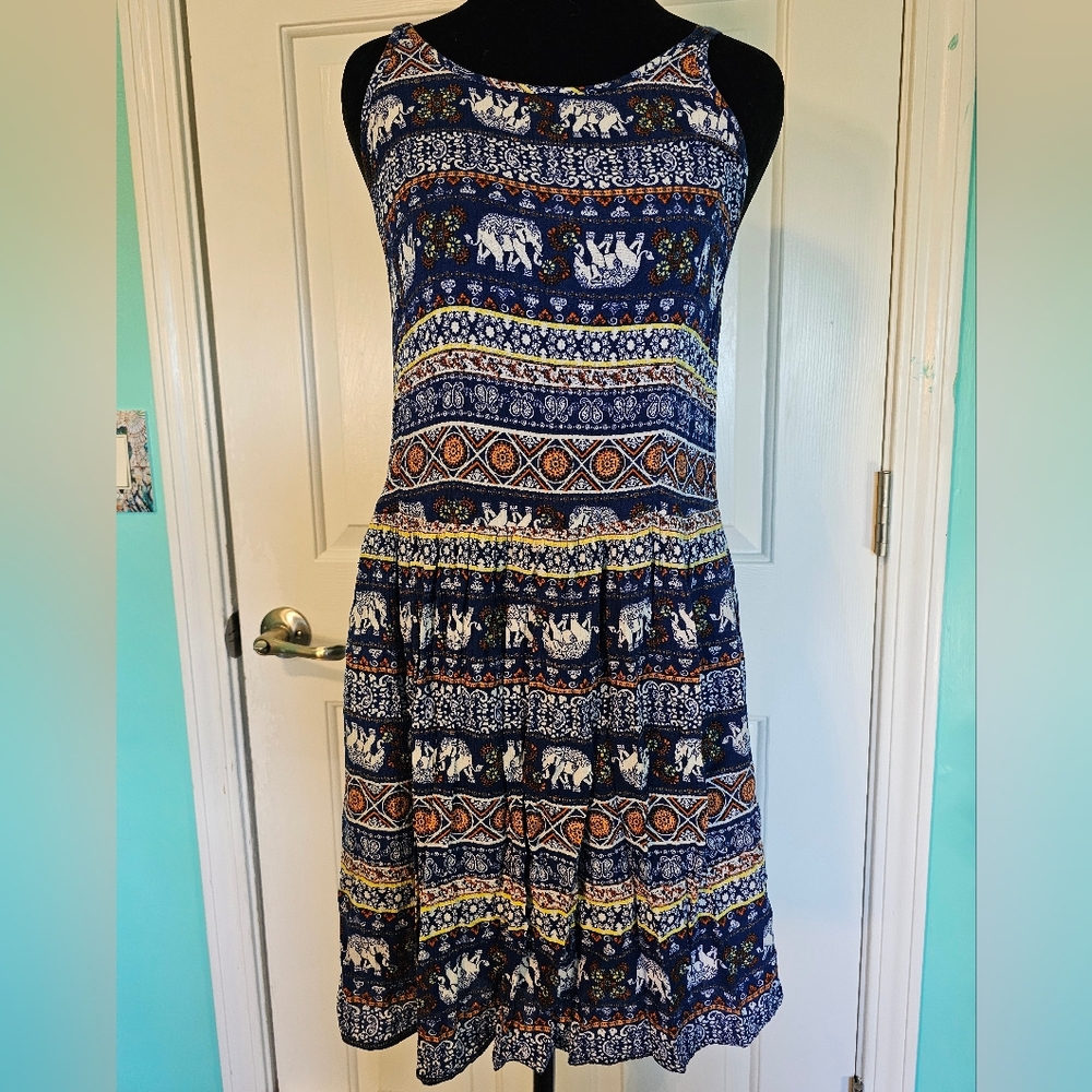 Derek Heart Blue Elephant Pattern Sleeveless Dress Women's Size S - Picture 2 of 15